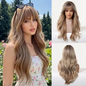 Detailed view of long wavy rose gold synthetic wig with bangs on model and mannequin