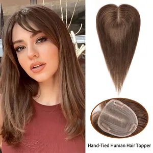 Peluca Parcial de Cabello Humano Tejido a Mano para Mujer Realista Sin Costuras Con Flequillo Aireado Natural Marrón Negro Gris