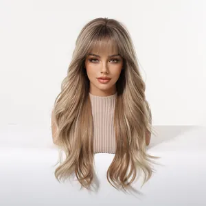 Detail view of long wavy ash blonde wig with bangs and soft rose gold highlights