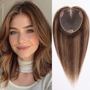 Natural brown ombre hair topper for women with breathable Swiss lace base and clips