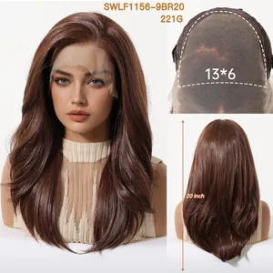 Detailed view of a 20-inch long wavy brown Futura lace wig with a 13x6 hand-tied cap structure