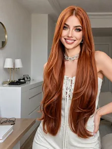 Detail view of a 32-inch long orange wig with high-layered styling and matte finish