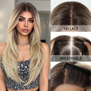 Glueless ombre blonde long straight wig featuring HD lace and breathable cap details view.