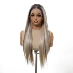 Detailed view of long straight ombre blonde lace front synthetic wig on a mannequin stand