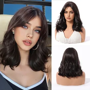 Fashion Women Synthetic Fiber Short Wavy Full Head Wig Heat Resistant Curtain Bangs Natural Black Brown Ombre Daily Party Hairpiece