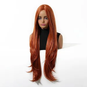 Vibrant orange long synthetic wig with layered cut and middle parting on mannequin