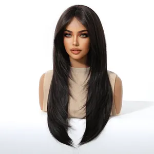 Detailed view of a long straight cold brown wig with face-framing bangs on mannequin