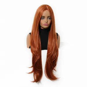 Detailed view of 32 inch orange layered long straight synthetic wig on mannequin