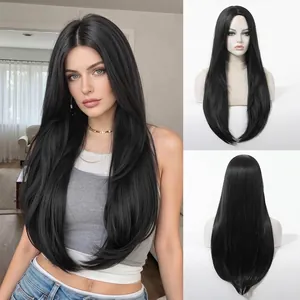 Long straight black wig for women with natural hair texture and face-framing style