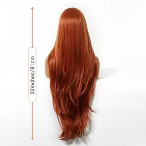 Detailed back view of a 32-inch long bright orange layered synthetic wig showing hair length