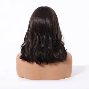 Macro view showing the soft waves and texture of this dark brown synthetic wig