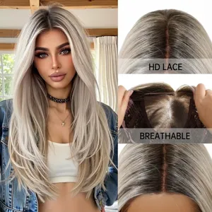 Detail view showing HD lace and breathable inner mesh of long ombre blonde wig