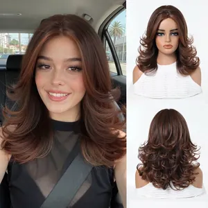 Detailed collage showing brown layered synthetic wig with bangs from multiple angles