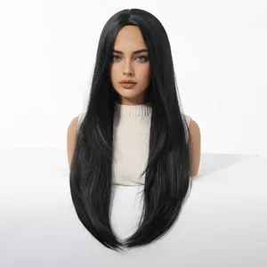 Detailed front view showing the smooth texture of this long straight black wig.