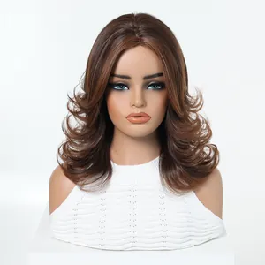 Detailed front view of a stylish brown wavy synthetic wig with bangs on a mannequin