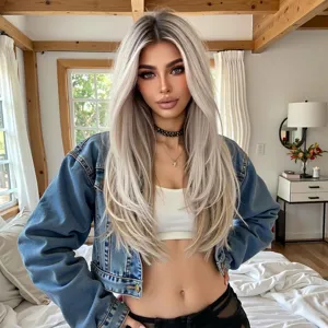 Platinum blonde long straight glueless wig shown in a casual lifestyle setting