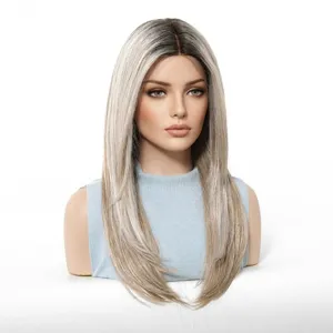 Detailed view of long straight ombre blonde synthetic wig with natural roots on mannequin