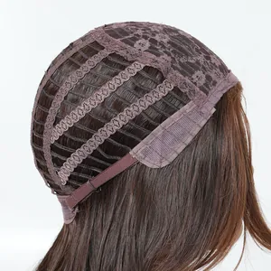 Detail view of the breathable rose net wig cap structure and brown synthetic hair.