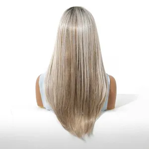 Detailed back view of smooth long straight ombre blonde glueless synthetic hair wig