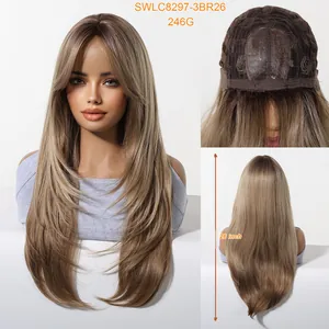26 inch long straight cold brown wig with bangs and breathable inner cap structure