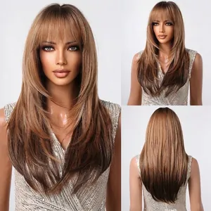 Peluca larga lisa marrón ombre con flequillo, vista detallata frontal y posterior