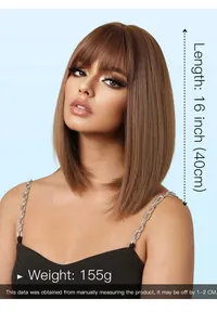 Detailed view of a 16-inch brown bob wig with bangs and weight specifications