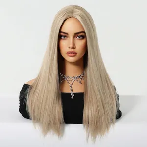 Detailed view of long straight ash blonde synthetic wig with middle part on mannequin head