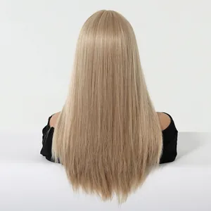 Detailed back view of long straight golden brown highlighted synthetic wig