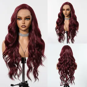 Detail view of 13x6 wine red lace front wig showing wavy texture and back view