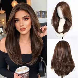 Detailed views of dark brown lace front wig with curtain bangs and curled ends.