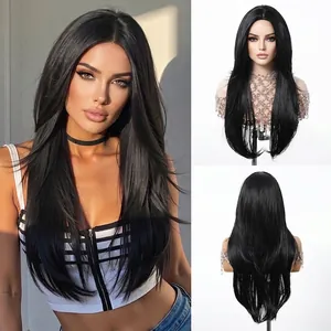 Long Straight High Layered Wig For Women Middle Part Synthetic Heat Resistant Fiber Full Head Hair Wig Natural Look Daily Party Hairpiece