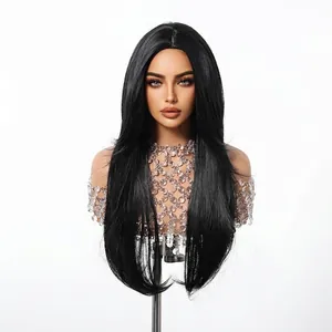 Detailed view of long black middle-parted straight layered wig on a display head