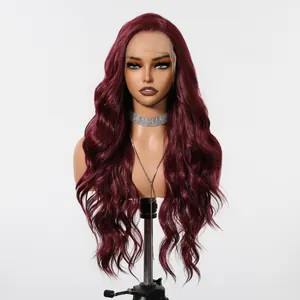 Macro detail showing the long wavy texture of this matte wine red 13x6 lace wig