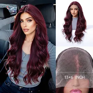 Long wavy burgundy 13x6 lace front wig synthetic heat resistant hair
