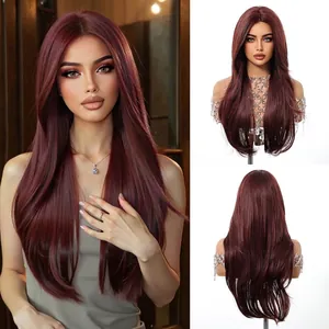Detail view of long burgundy straight wig with layered cut on model and mannequin