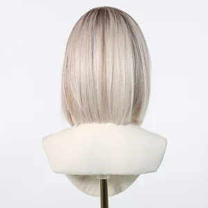 Back view of ash blonde shoulder-length straight synthetic lace wig on mannequin
