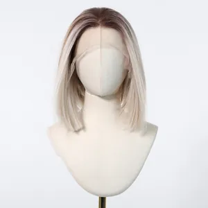 Synthetic 13x6 lace front wig with ombre blonde straight shoulder-length bob
