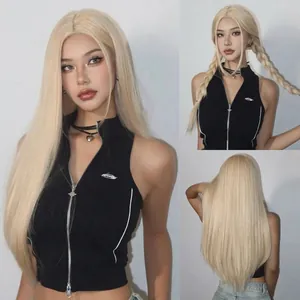 Detailed views of long blonde straight wig with natural middle part and V-shaped back