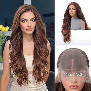 Close-up of 13x6 lace front wig featuring long wavy brown hair and inner cap detail