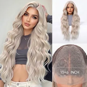 Detailed view of the 13x6 lace front wig cap and long wavy blonde hair texture