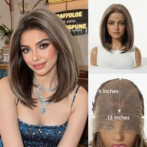 Detailansicht der 13x6 Lace-Frontal-Bob-Perücke in Aschbraun mit 6 und 13 Zoll Maßen.