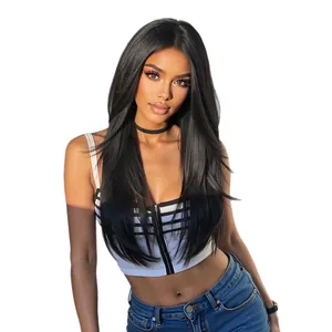 Natural long black straight hair wig featuring a middle part and stylish layered cut
