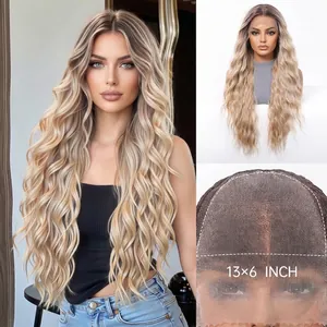 Detailed view of the breathable 13x6 lace front on a long wavy blonde synthetic wig