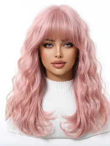 Detailed view of high-quality long wavy pink wig with bangs for cosplay and Halloween parties