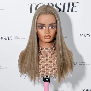 Close-up of premium straight brown human hair wig with natural Swiss lace front