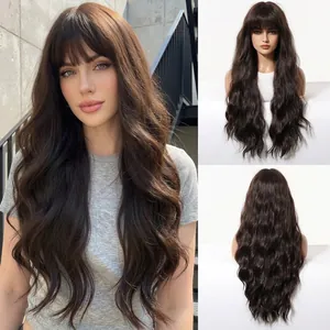 Long wavy dark brown wig with neat bangs and natural matte finish