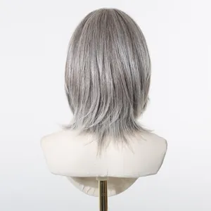 Vista trasera de una peluca bob corta a capas en un elegante acabado gris plata degradado.