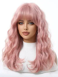 Professional long wavy pink synthetic wig with bangs for Halloween cosplay styling