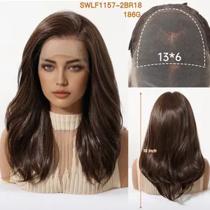 Detail of 18 inch brown long wavy lace wig with 13x6 hand-tied frontal net