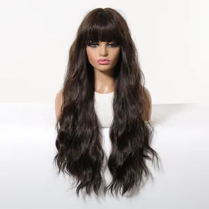 Long wavy dark brown wig with bangs made of matte heat-resistant synthetic fiber